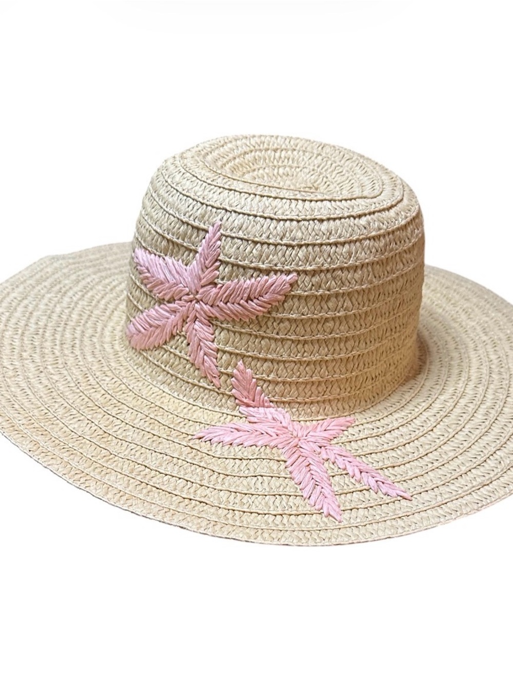 Panama Jack Natural Paper Straw Hat with Pink Starfish Embroidery